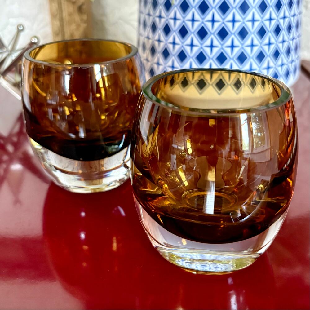 Mikasa Amber Glass Tea Light Holders Set of 2 Clear Base